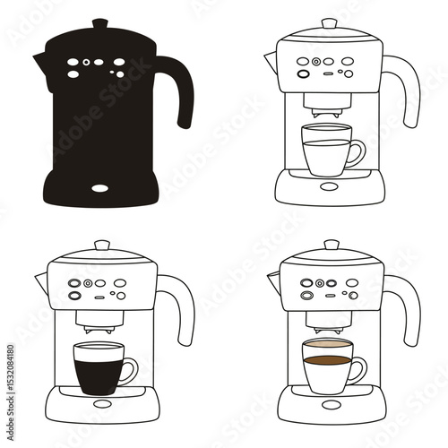 Isolated Coffee icons set. French press, coffee machine, mug, cup, milk pitcher, kettle. Collection for menu, coffee shop. Coffee brewing concept. Hand drawn modern Vector illustration