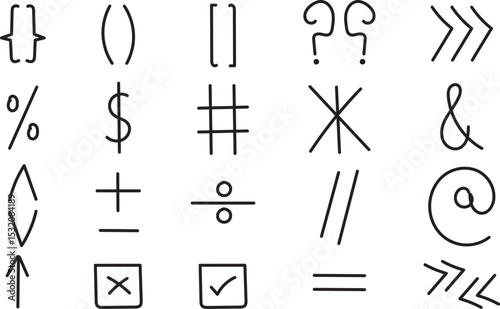 Math symbols hand drawn icon set. Outline clipart symbol collection