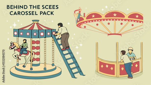 Illustration showing a carousel with a horse, a ladder, and people in a behind the scenes carossel pack