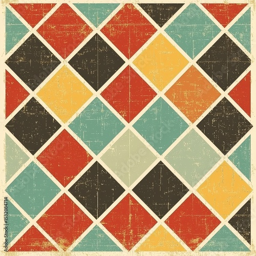 Colorful Geometric Pattern with Vintage Texture in Red, Yellow, Blue, and Brown Tones