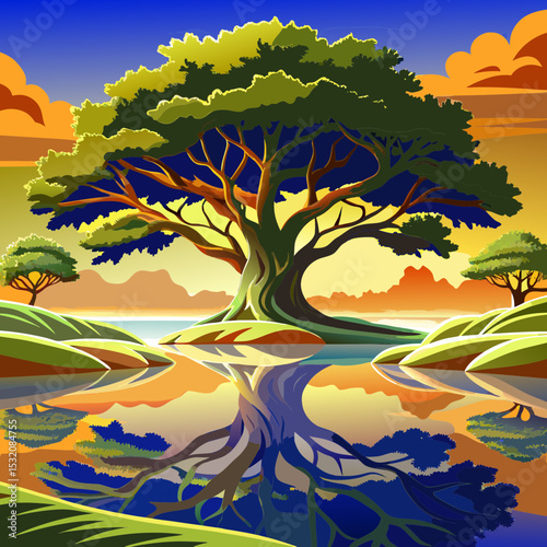 Ultra HD professional landscape photo of a massive ancient oak tree on a lakeshore with perfect mirror reflection in calm water at golden hour
