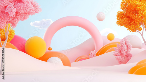 Abstract pastel landscape with vibrant pink rainbow, spheres, and colorful trees, 3D digital art, playful surreal design, smooth curves, modern aesthetic, autumn-inspired vibrant scene