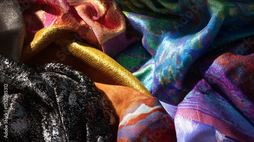 A vivid close-up shows various colorful, textured fabrics arranged with a digital glitch design