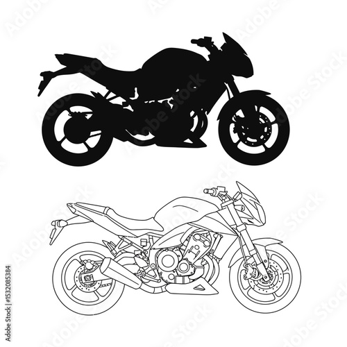 Motorbike side and top view. Motorcycle motocross vehicles. Detailed motorcycling transport isolated vector set