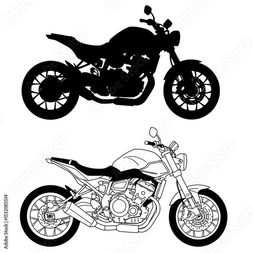 Motorbike side and top view. Motorcycle motocross vehicles. Detailed motorcycling transport isolated vector set