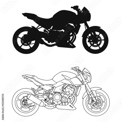 Motorbike side and top view. Motorcycle motocross vehicles. Detailed motorcycling transport isolated vector set