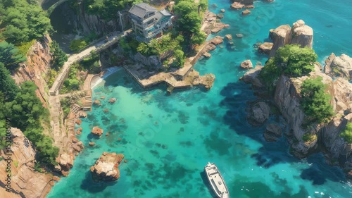 Tropical coastline with turquoise waters and rocky shorelines, ideal for vacation, travel, and resort visuals anime videography