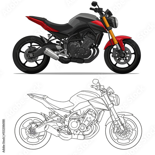Motorbike side and top view. Motorcycle motocross vehicles. Detailed motorcycling transport isolated vector set