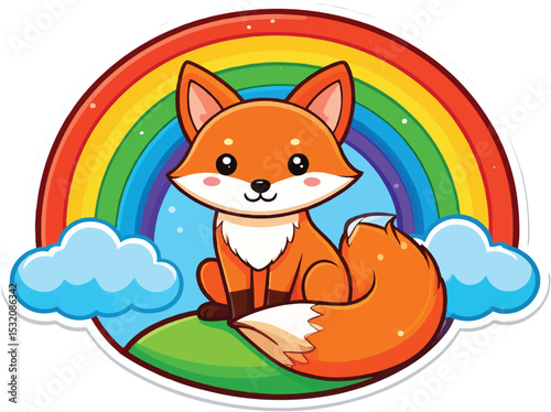 Cartoon fox sitting beneath a vibrant rainbow with fluffy clouds around it on transparent background
