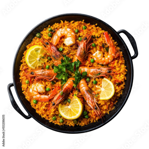 Delicious seafood paella with shrimp isolated on transparent background