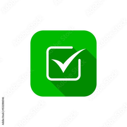 Check box icon on green square. Tick, checkmark sign symbol