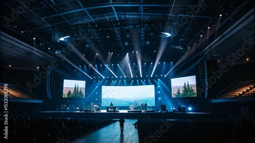 Modern live music stage with LED screen background, spotlights casting beams into a dark space