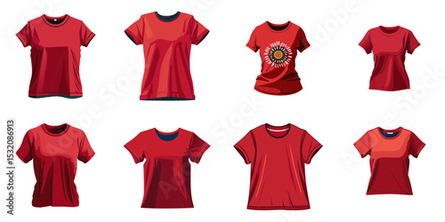 Multiple vector illustrations women's red t-shirt

