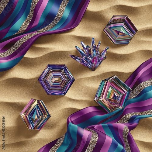 Colorful Geometric Shapes and Luxurious Fabric Draped on Soft Sandy Surface