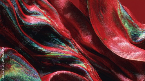 Abstract waves of shimmering red fabric create depth with glitch art style and textured light.
