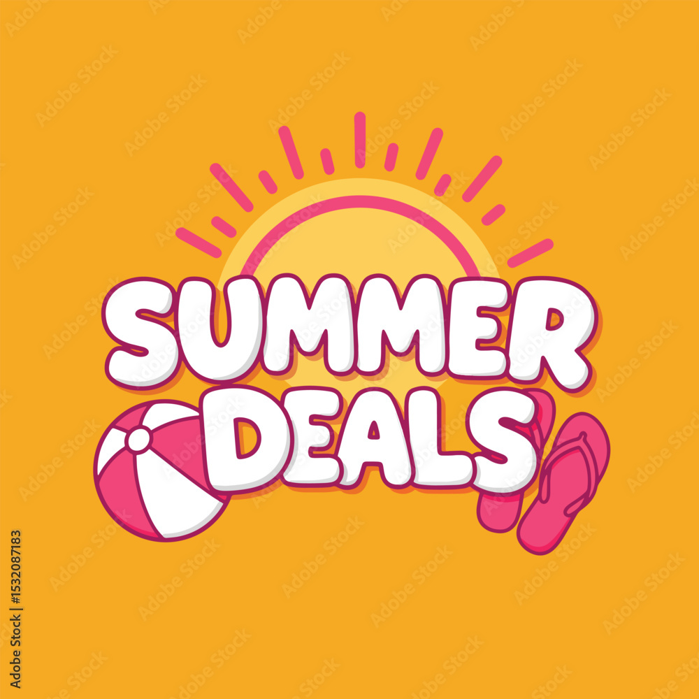 summer deals funky doodle-style text with beach ball, flip-flops and layered sun on yellow-orange background summer deals funky doodle-style text with beach ball, flip-flops and layered sun on yellow-orange background