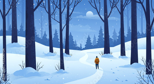 Winter forest path at night