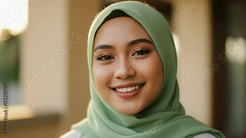 Woman wearing a light sage green hijab smiling