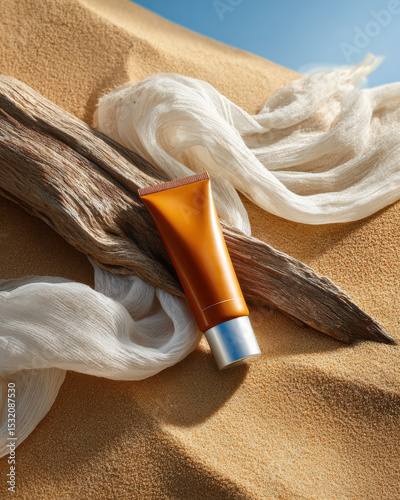 Realistic sunscreen tube rests on sandy surface, surrounded by flowing fabric, evoking sense of summer and relaxation. warm tones and textures create serene atmosphere