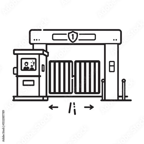 Border checkpoint with security gate in line art style