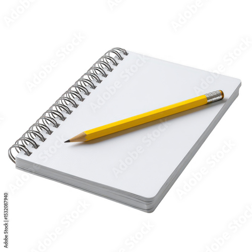 Blank spiral notebook with yellow pencil on white