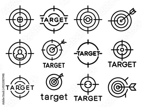 Bundle of Target and Bullseye Silhouette Icons in Minimal Line Style on White Background – Goal, Focus, Aim, and Precision Vector Elements

