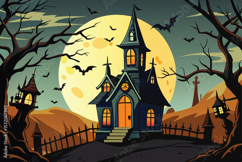 Spooky Halloween night with a haunted house, moon, bats, and pumpkin against a dark sky, perfect for an October celebration card