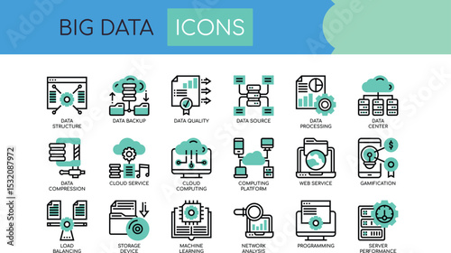 Big Data Icons A Comprehensive Set of 24 Line Icons for Data Analysis, Cloud Computing, and Data Storage Solutions