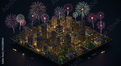 Isometric city fireworks night
