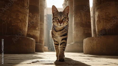 Striped Cat Walking Among Ancient Egyptian Columns and Sunlight