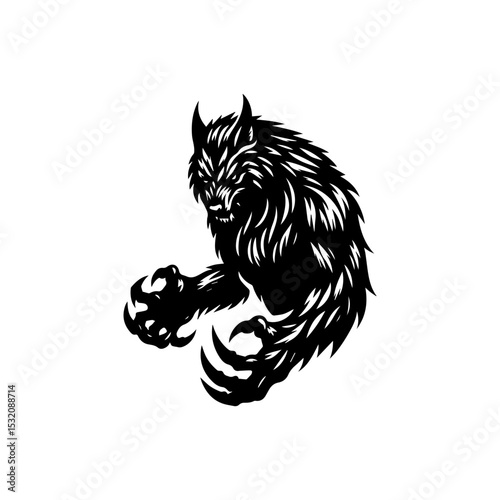 Menacing werewolf silhouette logo showcasing ferocious creature with razor-sharp claws and glowing eyes in aggressive attack stance