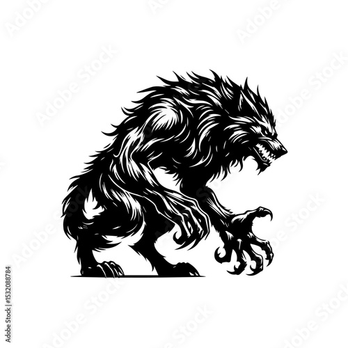 Powerful werewolf vector emblem featuring terrifying silhouette with bared fangs and raised claws in dynamic combat pose