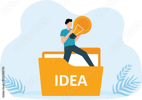 Man stealing lamp bulb from file and intellectual property and copyright in form electric lamp concept

