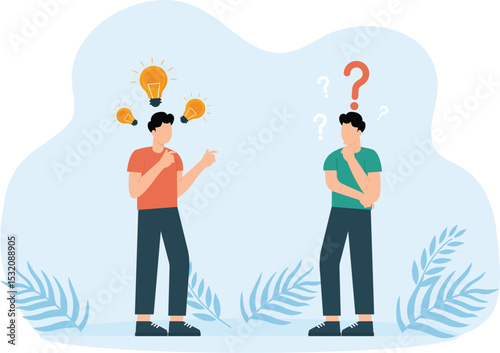 Two businessmen share idea positive thinking and question solution thinking concept

