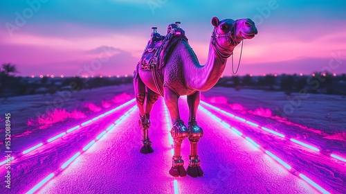 Futuristic Camel with Mechanical Limbs Crossing Neon-Lit Desert Path at Dusk
