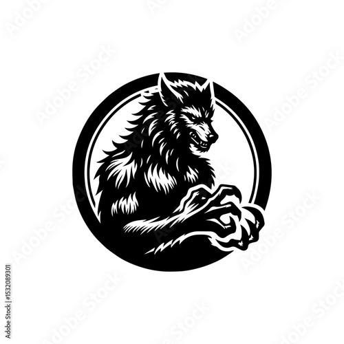 Powerful werewolf vector emblem featuring terrifying silhouette with bared fangs and raised claws in dynamic combat pose