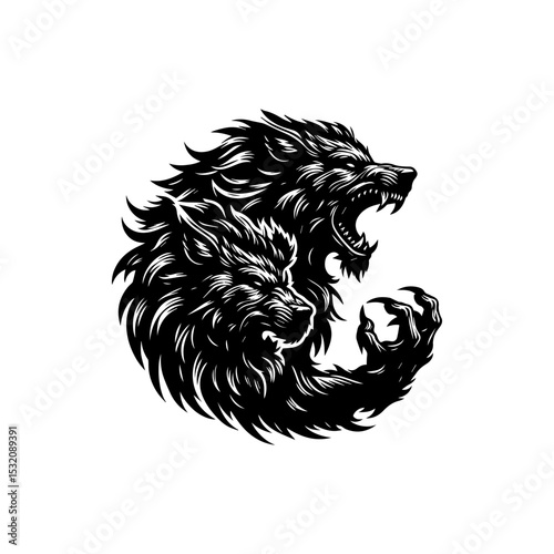 Fierce lycanthrope silhouette logo with monstrous werewolf in mid-howl stance showcasing deadly claws and piercing gaze