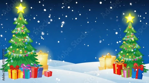 Cheerful cartoon winter landscape with snow, Christmas trees, and gifts. Suitable for holiday animations, seasonal greetings, or children's content.