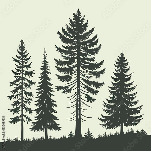 Beautiful hand drawn forest fir trees silhouettes, coniferous spruce horizontal background pattern, forest tree vector