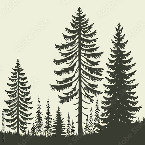 Beautiful hand drawn forest fir trees silhouettes, coniferous spruce horizontal background pattern, forest tree vector