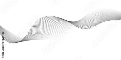 A minimalist, abstract wave design composed of delicate, overlapping black lines that create a subtle gradient and a sense of transparency. The wave flows smoothly across a pure white background.