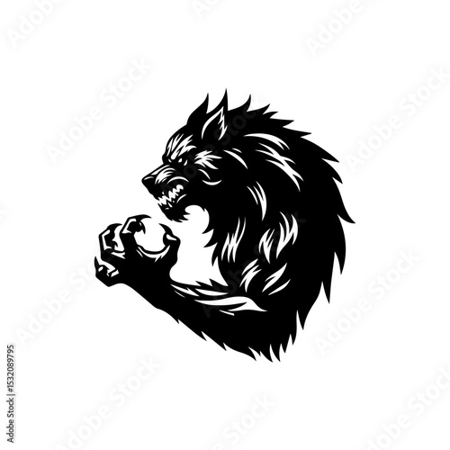 Fierce lycanthrope silhouette logo with monstrous werewolf in mid-howl stance showcasing deadly claws and piercing gaze