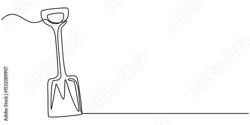 One Continuous Line Drawing of Shovel Icon. Single Line Vector Illustration, Continuous line drawing of shovel. Shovel linear icon. One line drawing background. Vector illustration. Shovel continuous