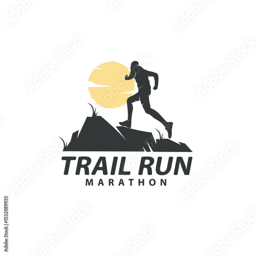 Trail Running Logo Vector with Mountain Silhouette and Runner for Outdoor Adventure Branding