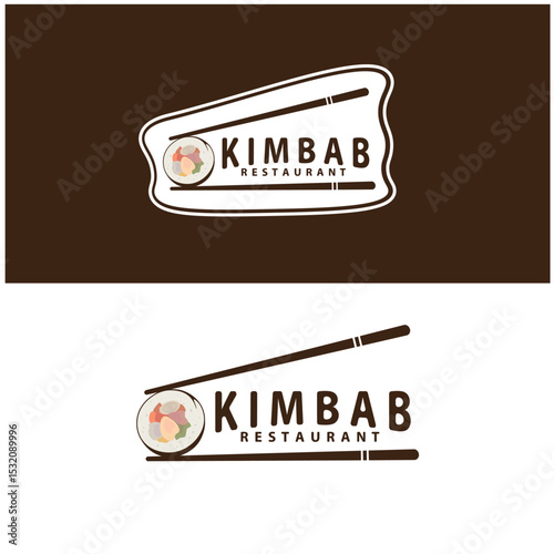 Kimbab Restaurant Logo – Korean Food Roll Vector with Chopsticks for Asian Cuisine or Sushi Branding