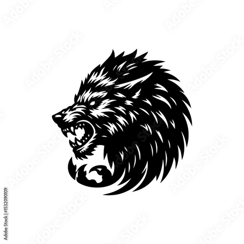 Intimidating wolf head vector emblem showcasing snarling muzzle and piercing eyes in striking circular monochrome