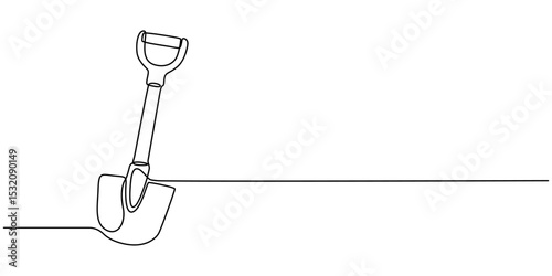 One Continuous Line Drawing of Shovel Icon. Single Line Vector Illustration, Continuous line drawing of shovel. Shovel linear icon. One line drawing background. Vector illustration. Shovel continuous