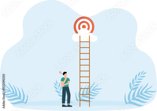 Businessman with binoculars on top mountain peak to goal vector.

