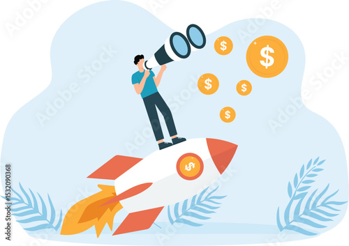 Businessman with bitcoins looking through a telescope on rocket. Man makes plans and invest for the future concept

