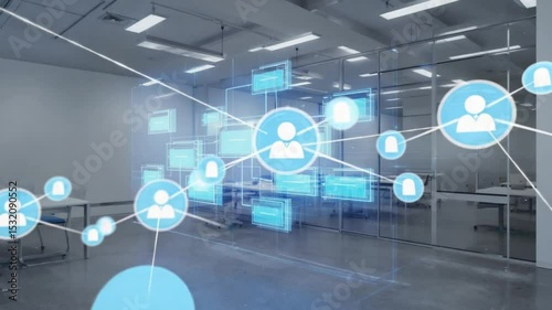 Abstract blue network connections with glowing social icons. Ideal for social media, digital communication, or global connectivity.